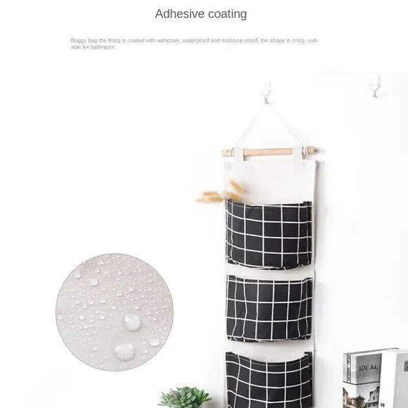 Fabric Three Pocket Wall Mounted Storage Hanging Gray White Square Portable - Picture 3 of 3